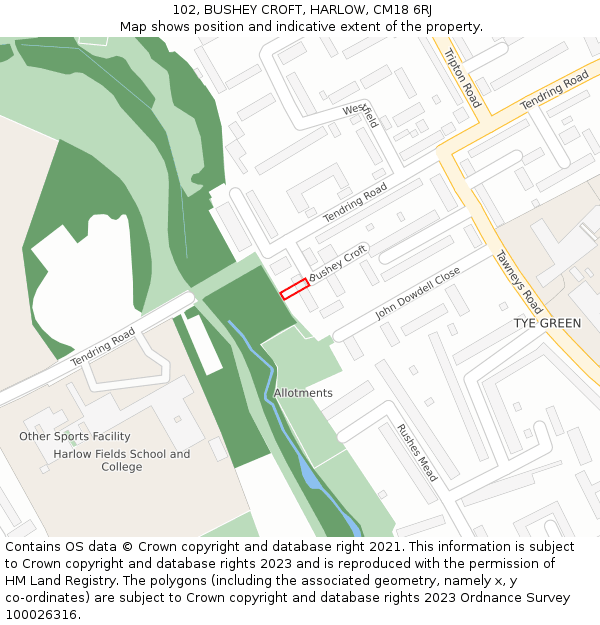 102, BUSHEY CROFT, HARLOW, CM18 6RJ: Location map and indicative extent of plot