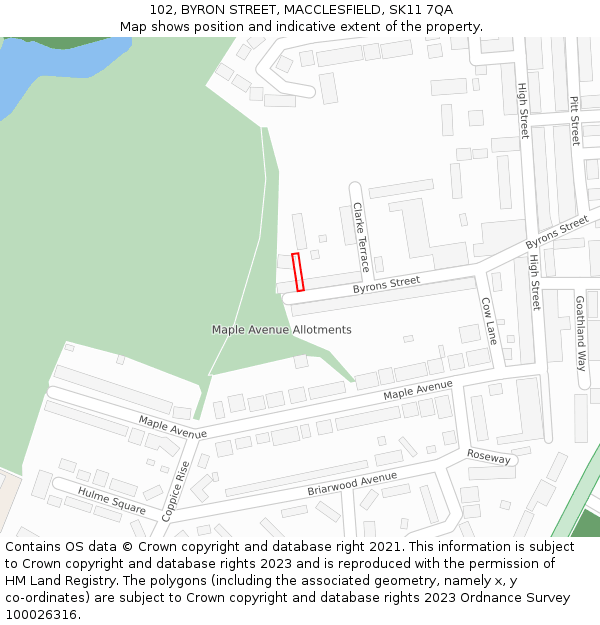 102, BYRON STREET, MACCLESFIELD, SK11 7QA: Location map and indicative extent of plot