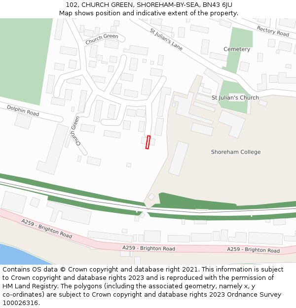 102, CHURCH GREEN, SHOREHAM-BY-SEA, BN43 6JU: Location map and indicative extent of plot