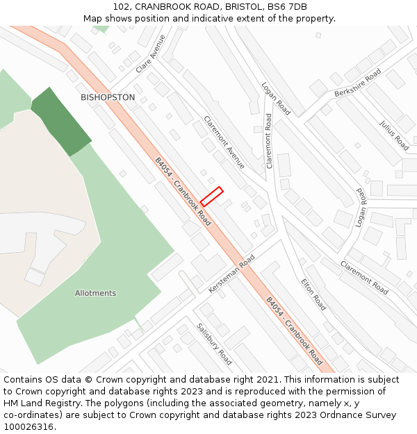 102, CRANBROOK ROAD, BRISTOL, BS6 7DB: Location map and indicative extent of plot