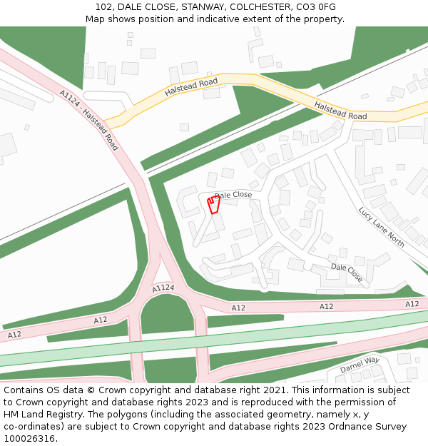 102, DALE CLOSE, STANWAY, COLCHESTER, CO3 0FG: Location map and indicative extent of plot
