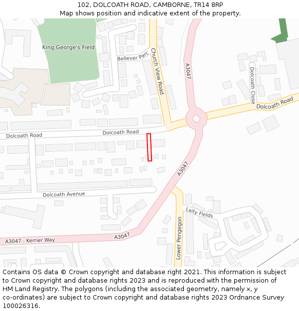 102, DOLCOATH ROAD, CAMBORNE, TR14 8RP: Location map and indicative extent of plot
