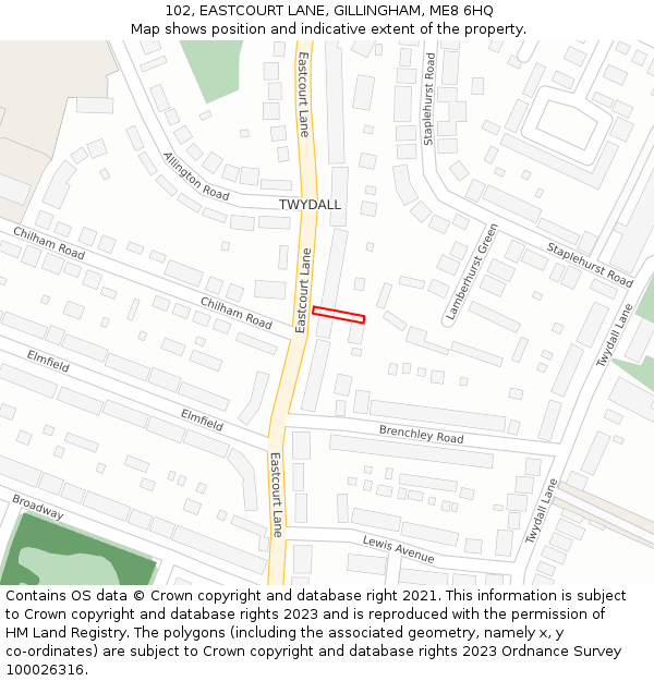 102, EASTCOURT LANE, GILLINGHAM, ME8 6HQ: Location map and indicative extent of plot
