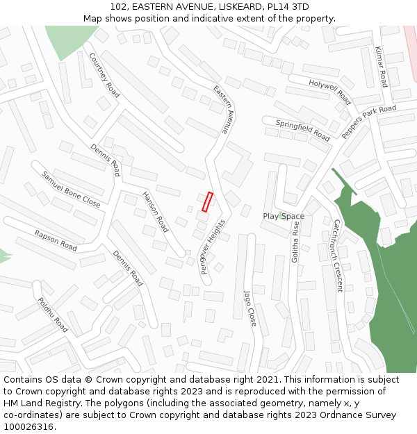 102, EASTERN AVENUE, LISKEARD, PL14 3TD: Location map and indicative extent of plot