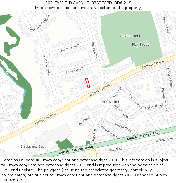 102, FARFIELD AVENUE, BRADFORD, BD6 2HS: Location map and indicative extent of plot