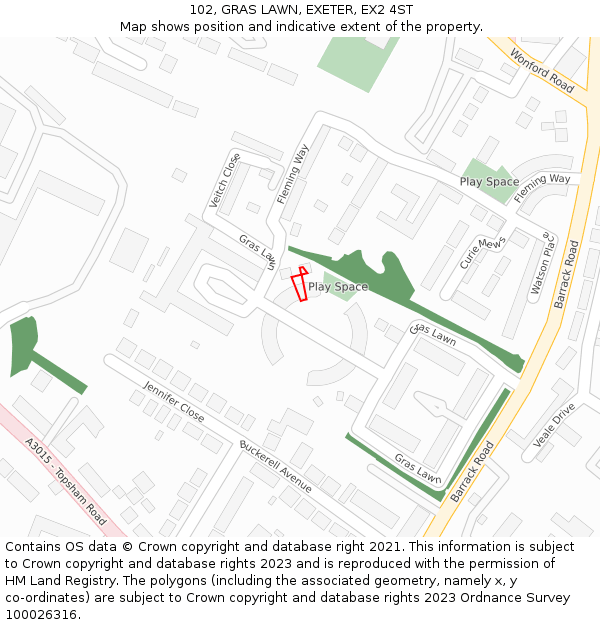 102, GRAS LAWN, EXETER, EX2 4ST: Location map and indicative extent of plot