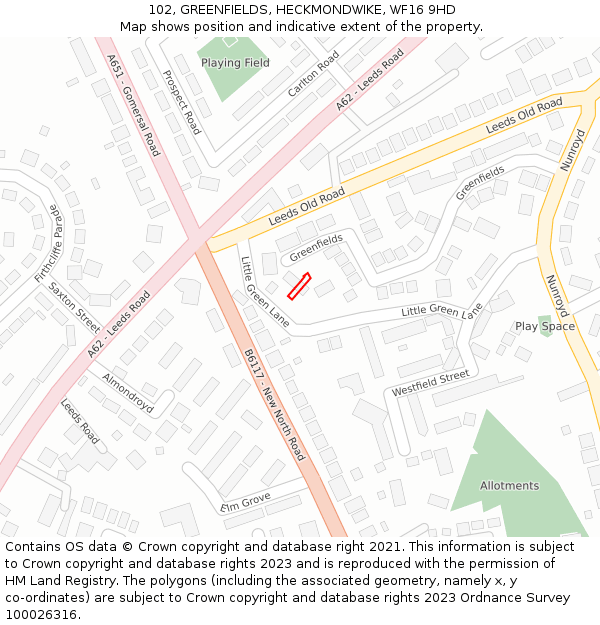 102, GREENFIELDS, HECKMONDWIKE, WF16 9HD: Location map and indicative extent of plot