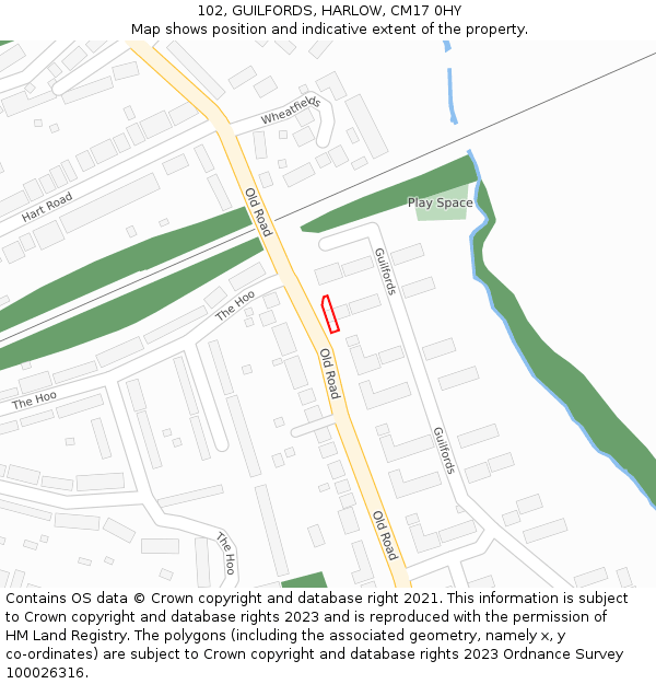 102, GUILFORDS, HARLOW, CM17 0HY: Location map and indicative extent of plot
