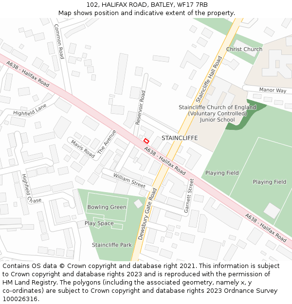 102, HALIFAX ROAD, BATLEY, WF17 7RB: Location map and indicative extent of plot