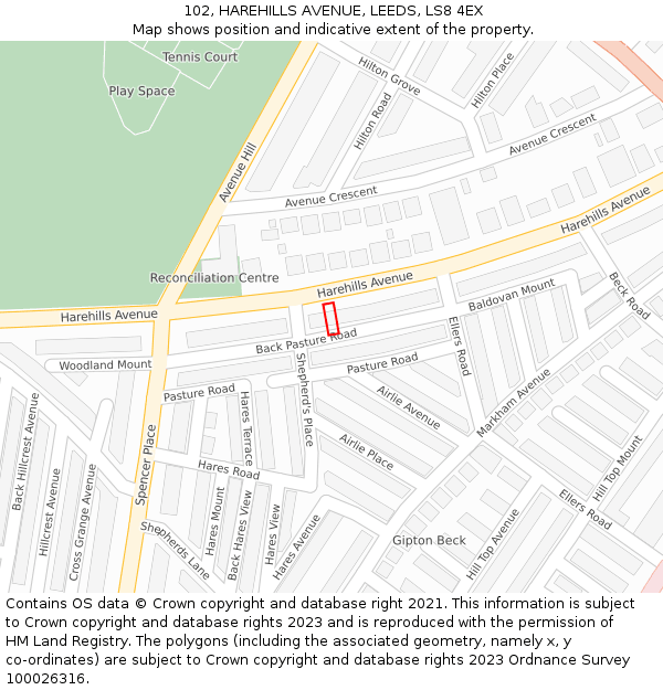 102, HAREHILLS AVENUE, LEEDS, LS8 4EX: Location map and indicative extent of plot
