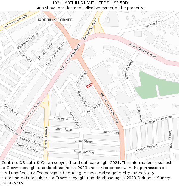 102, HAREHILLS LANE, LEEDS, LS8 5BD: Location map and indicative extent of plot