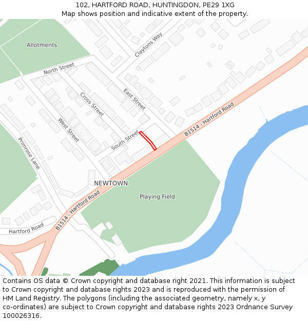 102, HARTFORD ROAD, HUNTINGDON, PE29 1XG: Location map and indicative extent of plot