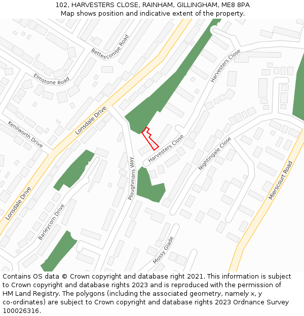 102, HARVESTERS CLOSE, RAINHAM, GILLINGHAM, ME8 8PA: Location map and indicative extent of plot