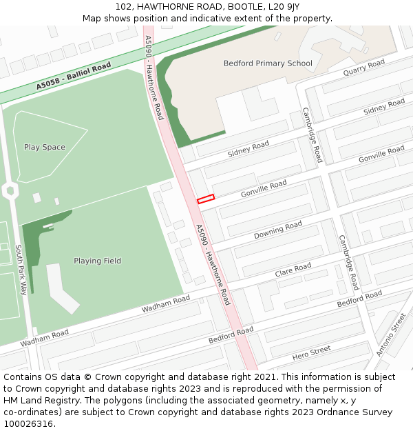 102, HAWTHORNE ROAD, BOOTLE, L20 9JY: Location map and indicative extent of plot