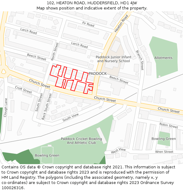 102, HEATON ROAD, HUDDERSFIELD, HD1 4JW: Location map and indicative extent of plot