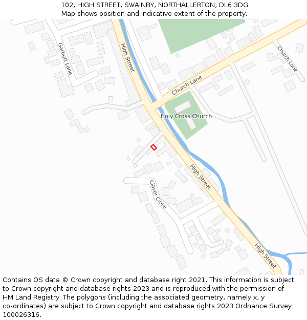 102, HIGH STREET, SWAINBY, NORTHALLERTON, DL6 3DG: Location map and indicative extent of plot