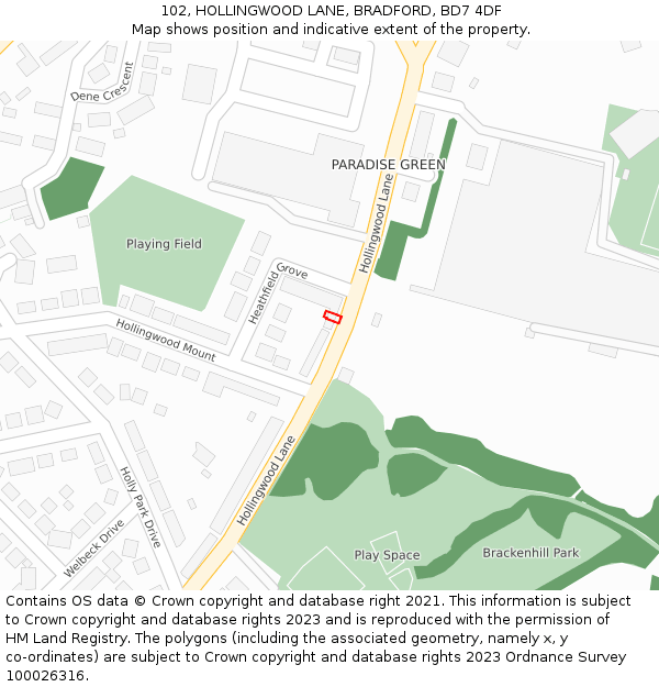 102, HOLLINGWOOD LANE, BRADFORD, BD7 4DF: Location map and indicative extent of plot