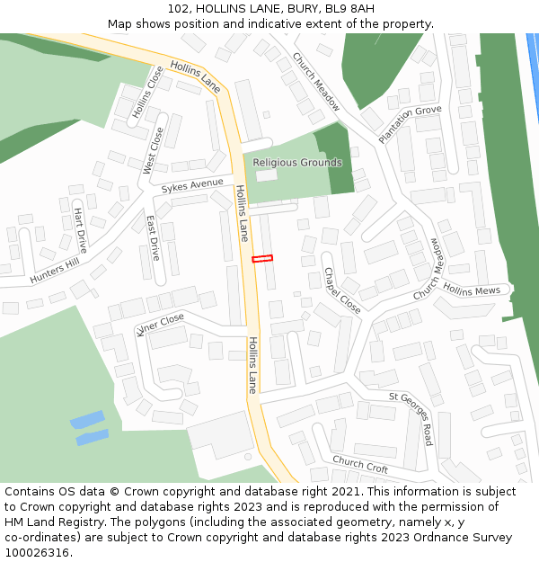 102, HOLLINS LANE, BURY, BL9 8AH: Location map and indicative extent of plot