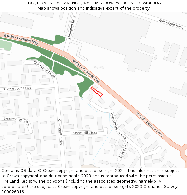 102, HOMESTEAD AVENUE, WALL MEADOW, WORCESTER, WR4 0DA: Location map and indicative extent of plot