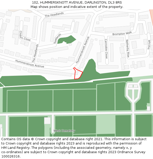 102, HUMMERSKNOTT AVENUE, DARLINGTON, DL3 8RS: Location map and indicative extent of plot