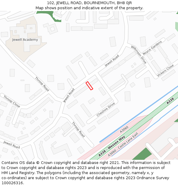 102, JEWELL ROAD, BOURNEMOUTH, BH8 0JR: Location map and indicative extent of plot