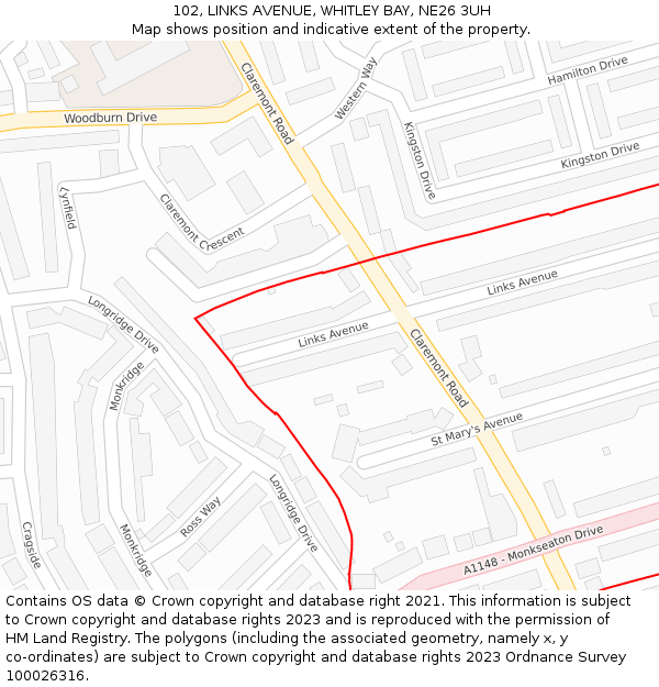 102, LINKS AVENUE, WHITLEY BAY, NE26 3UH: Location map and indicative extent of plot