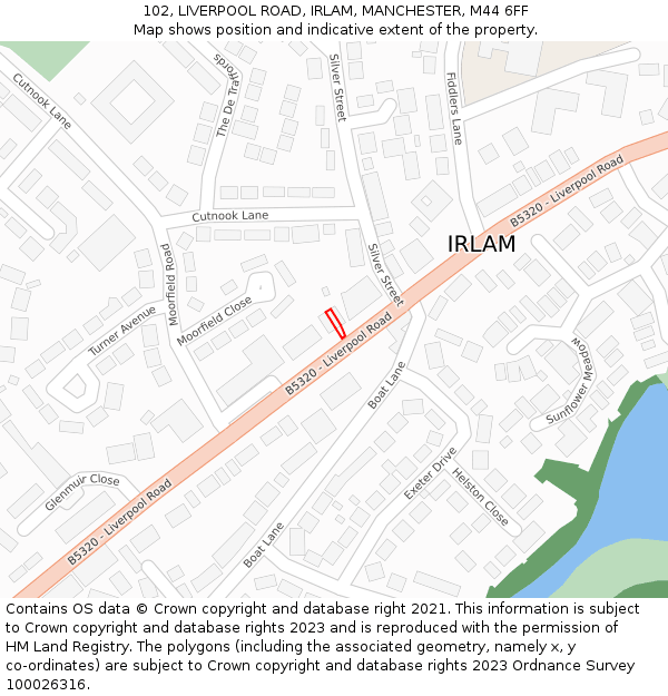 102, LIVERPOOL ROAD, IRLAM, MANCHESTER, M44 6FF: Location map and indicative extent of plot
