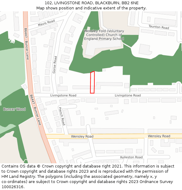 102, LIVINGSTONE ROAD, BLACKBURN, BB2 6NE: Location map and indicative extent of plot