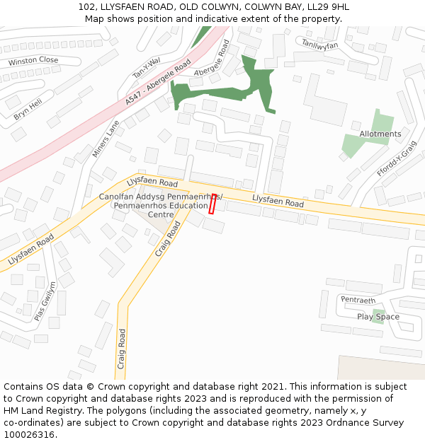 102, LLYSFAEN ROAD, OLD COLWYN, COLWYN BAY, LL29 9HL: Location map and indicative extent of plot