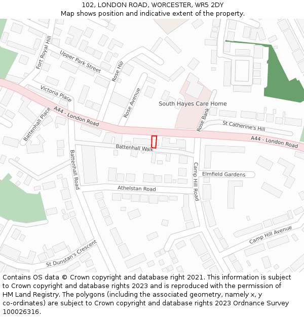 102, LONDON ROAD, WORCESTER, WR5 2DY: Location map and indicative extent of plot