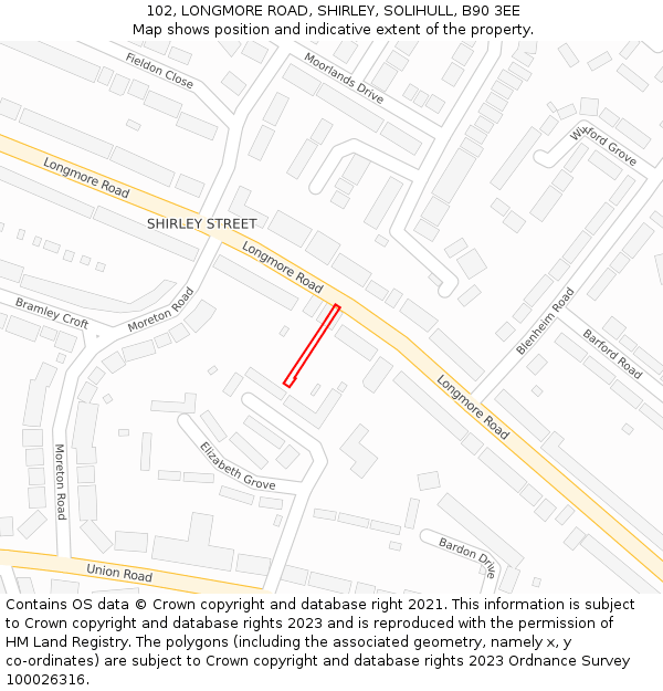 102, LONGMORE ROAD, SHIRLEY, SOLIHULL, B90 3EE: Location map and indicative extent of plot