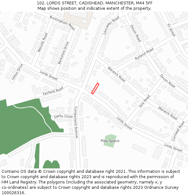 102, LORDS STREET, CADISHEAD, MANCHESTER, M44 5FF: Location map and indicative extent of plot