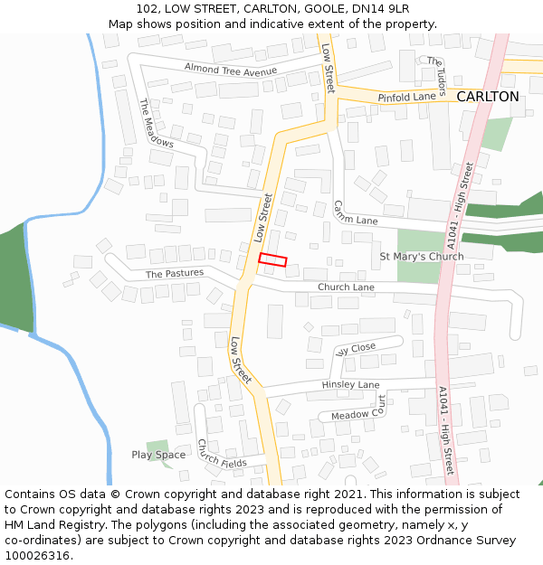102, LOW STREET, CARLTON, GOOLE, DN14 9LR: Location map and indicative extent of plot