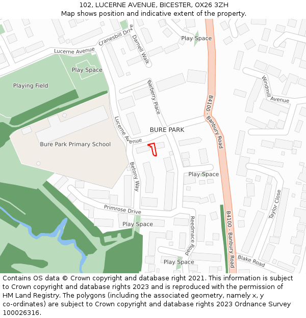 102, LUCERNE AVENUE, BICESTER, OX26 3ZH: Location map and indicative extent of plot