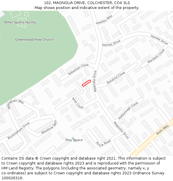 102, MAGNOLIA DRIVE, COLCHESTER, CO4 3LS: Location map and indicative extent of plot