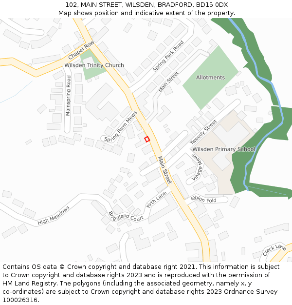 102, MAIN STREET, WILSDEN, BRADFORD, BD15 0DX: Location map and indicative extent of plot