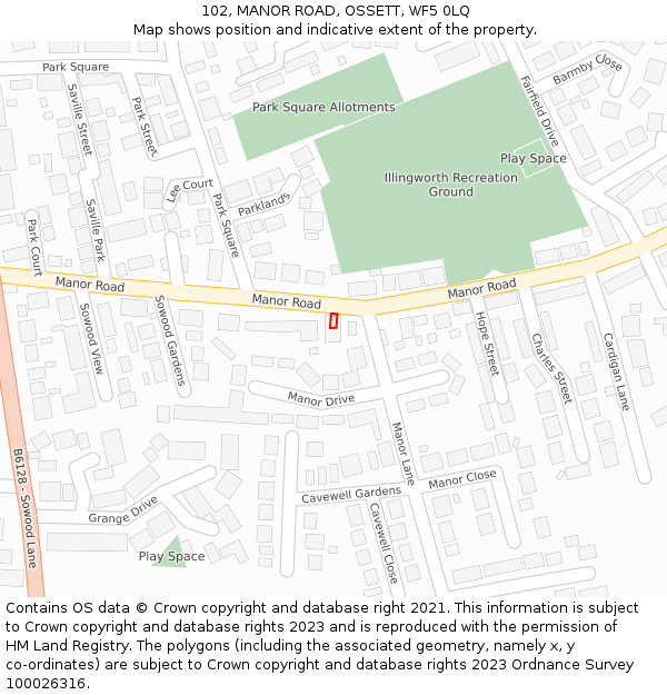 102, MANOR ROAD, OSSETT, WF5 0LQ: Location map and indicative extent of plot