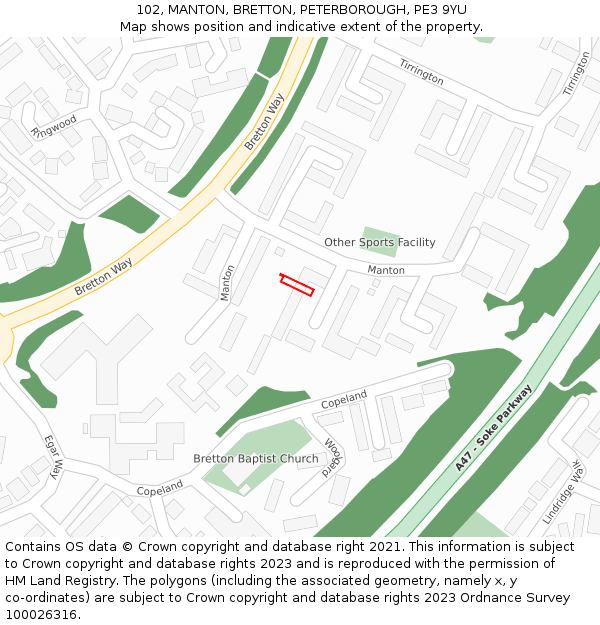 102, MANTON, BRETTON, PETERBOROUGH, PE3 9YU: Location map and indicative extent of plot