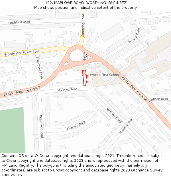 102, MARLOWE ROAD, WORTHING, BN14 8EZ: Location map and indicative extent of plot