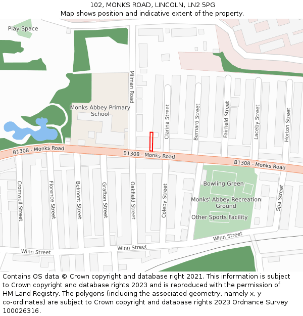 102, MONKS ROAD, LINCOLN, LN2 5PG: Location map and indicative extent of plot