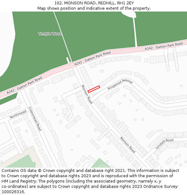 102, MONSON ROAD, REDHILL, RH1 2EY: Location map and indicative extent of plot