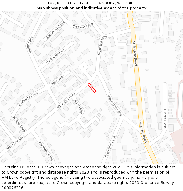 102, MOOR END LANE, DEWSBURY, WF13 4PD: Location map and indicative extent of plot