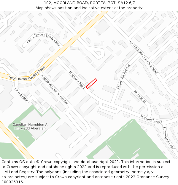 102, MOORLAND ROAD, PORT TALBOT, SA12 6JZ: Location map and indicative extent of plot