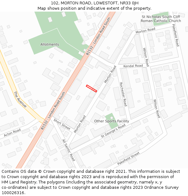 102, MORTON ROAD, LOWESTOFT, NR33 0JH: Location map and indicative extent of plot