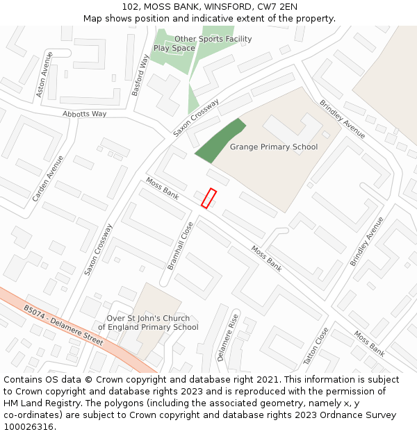 102, MOSS BANK, WINSFORD, CW7 2EN: Location map and indicative extent of plot