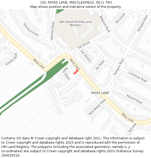 102, MOSS LANE, MACCLESFIELD, SK11 7XH: Location map and indicative extent of plot