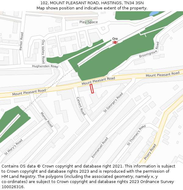 102, MOUNT PLEASANT ROAD, HASTINGS, TN34 3SN: Location map and indicative extent of plot