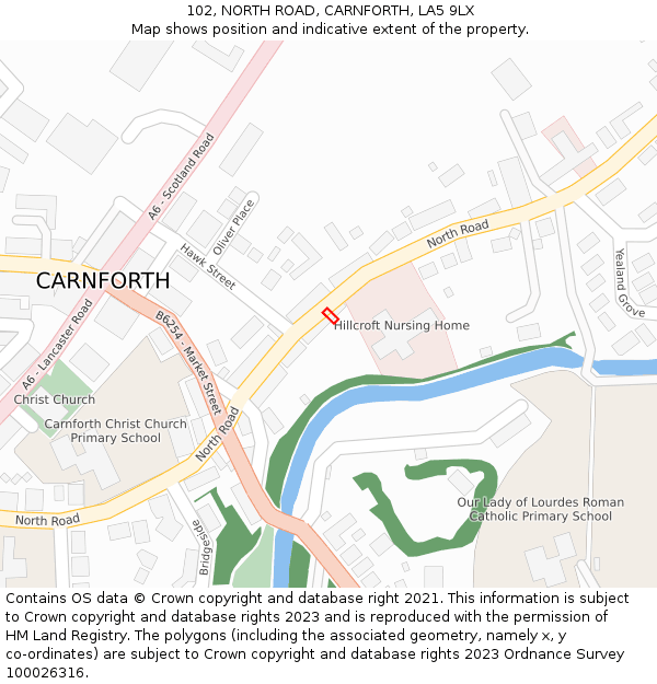 102, NORTH ROAD, CARNFORTH, LA5 9LX: Location map and indicative extent of plot