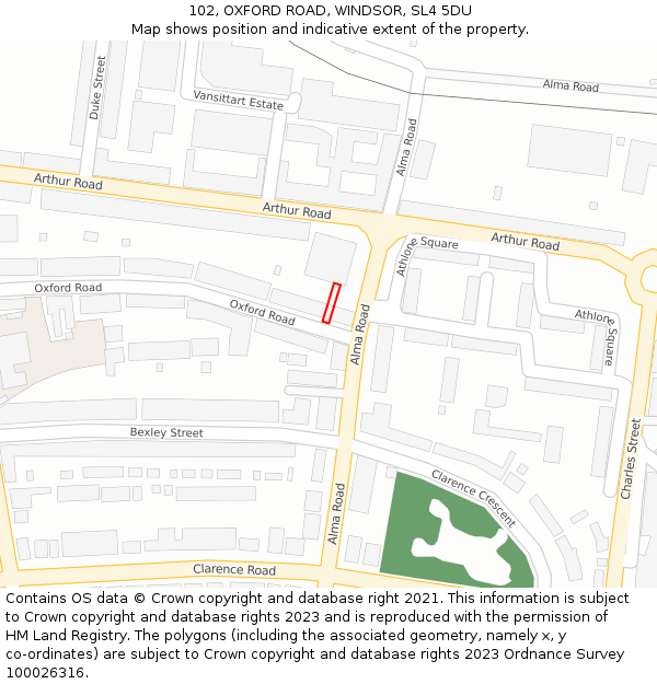 102, OXFORD ROAD, WINDSOR, SL4 5DU: Location map and indicative extent of plot