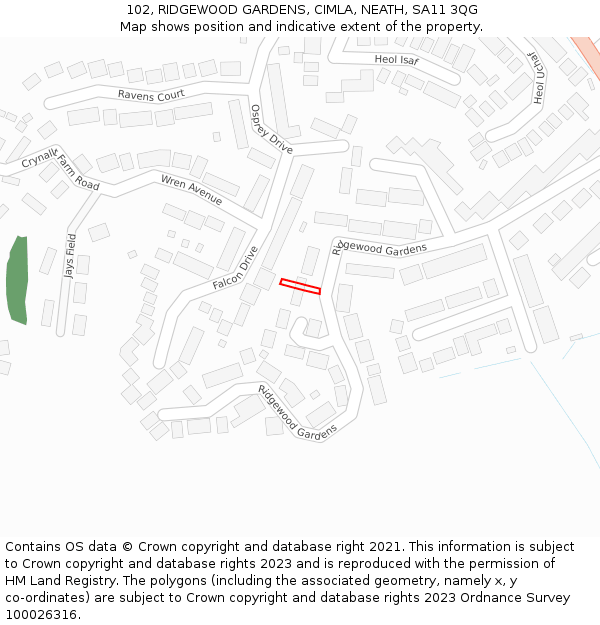 102, RIDGEWOOD GARDENS, CIMLA, NEATH, SA11 3QG: Location map and indicative extent of plot